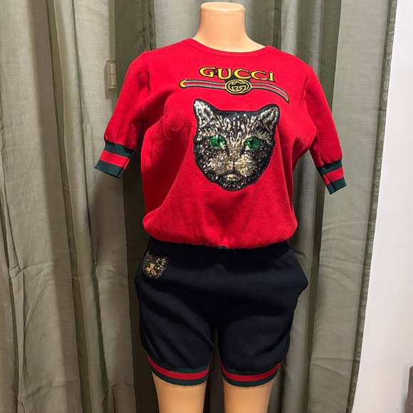 Gucci Red and Black Cat Embroidered Ensemble